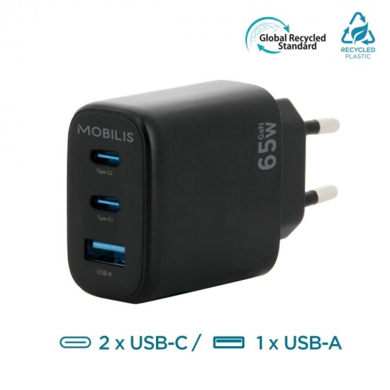 Mobilis Wandladeger&auml;t - 65W - 2 USB C + 1 USB A - GaN. MOQ 10 un. 001364