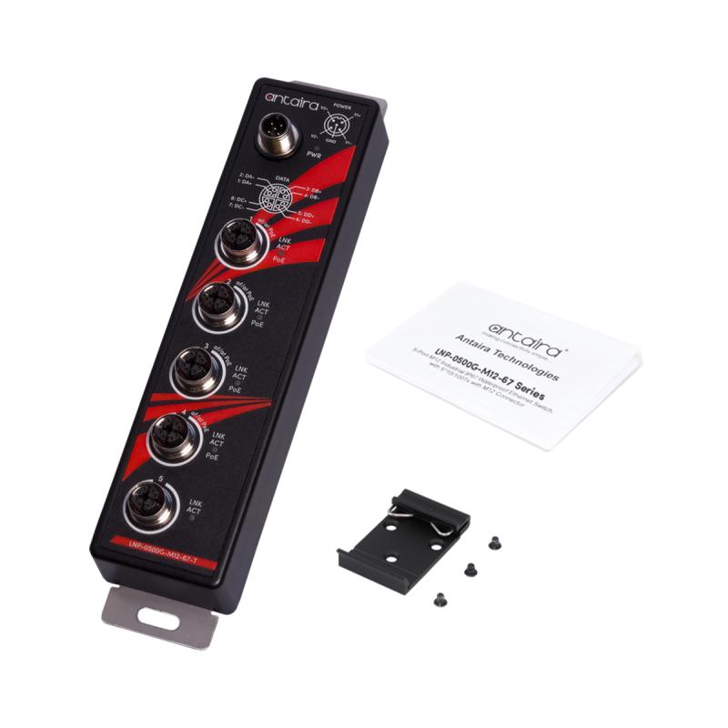 5-Port Unmanaged PoE+ (30W/port) Industrial IP67 Gigabit Switch, M12, 48-56VDC